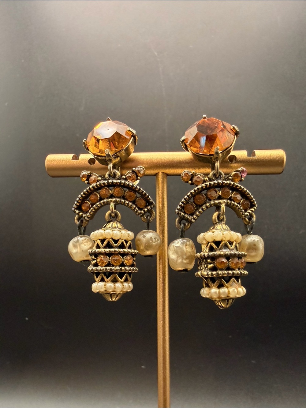 Vintage Hollycraft 1954 Amber Rhinestone & Faux Pearl Dangle Earrings